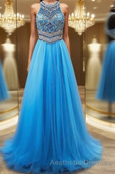 A-Line/Princess Jewel Sweep Train Tulle Evening Prom Dresses With Beading